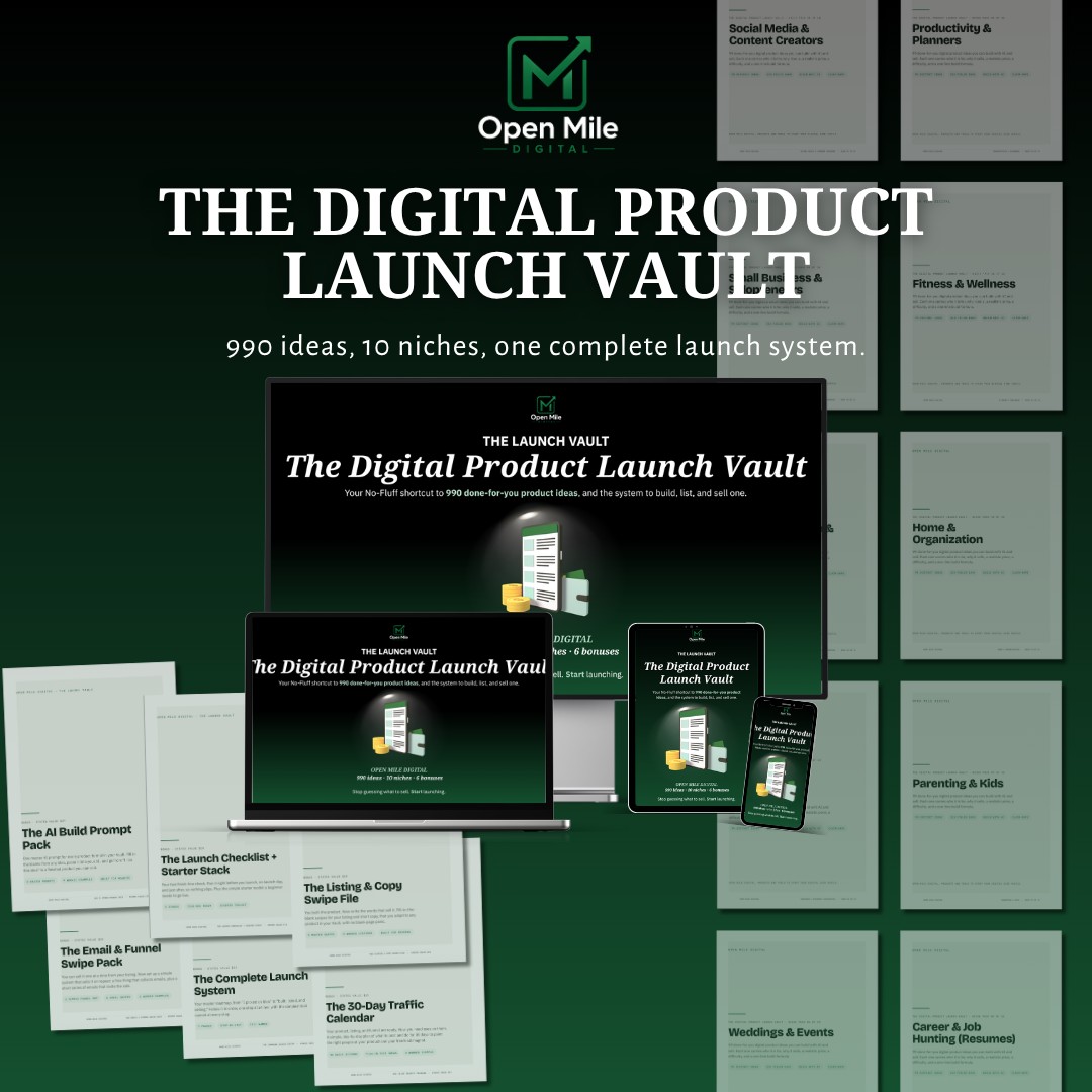 The Digital Product Launch Vault: 990 ideas across 10 niches plus 6 bonuses, shown across desktop, laptop, tablet and phone