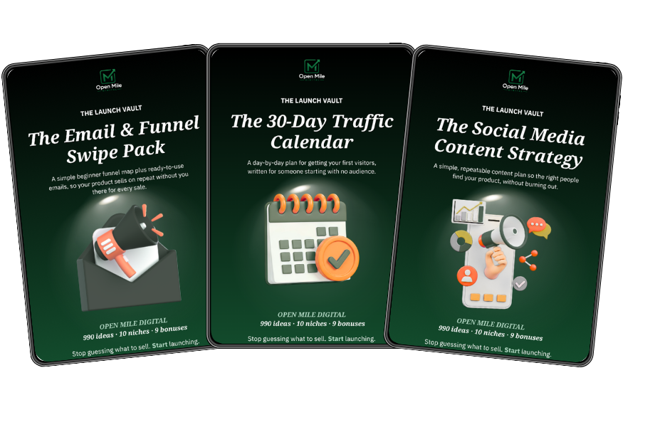 The three pieces in Set 2: the Email and Funnel Swipe Pack, the 30-Day Traffic Calendar, and the Social Media Content Strategy