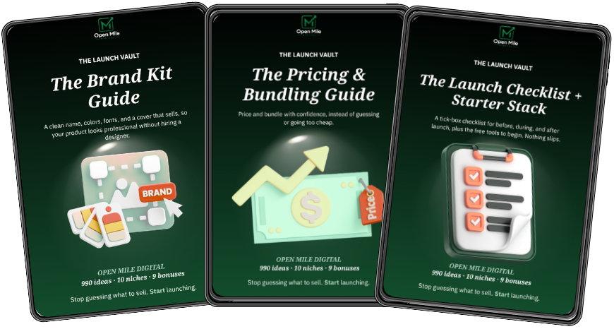 The three pieces in Set 3: the Brand Kit Guide, the Pricing and Bundling Guide, and the Launch Checklist plus Starter Stack